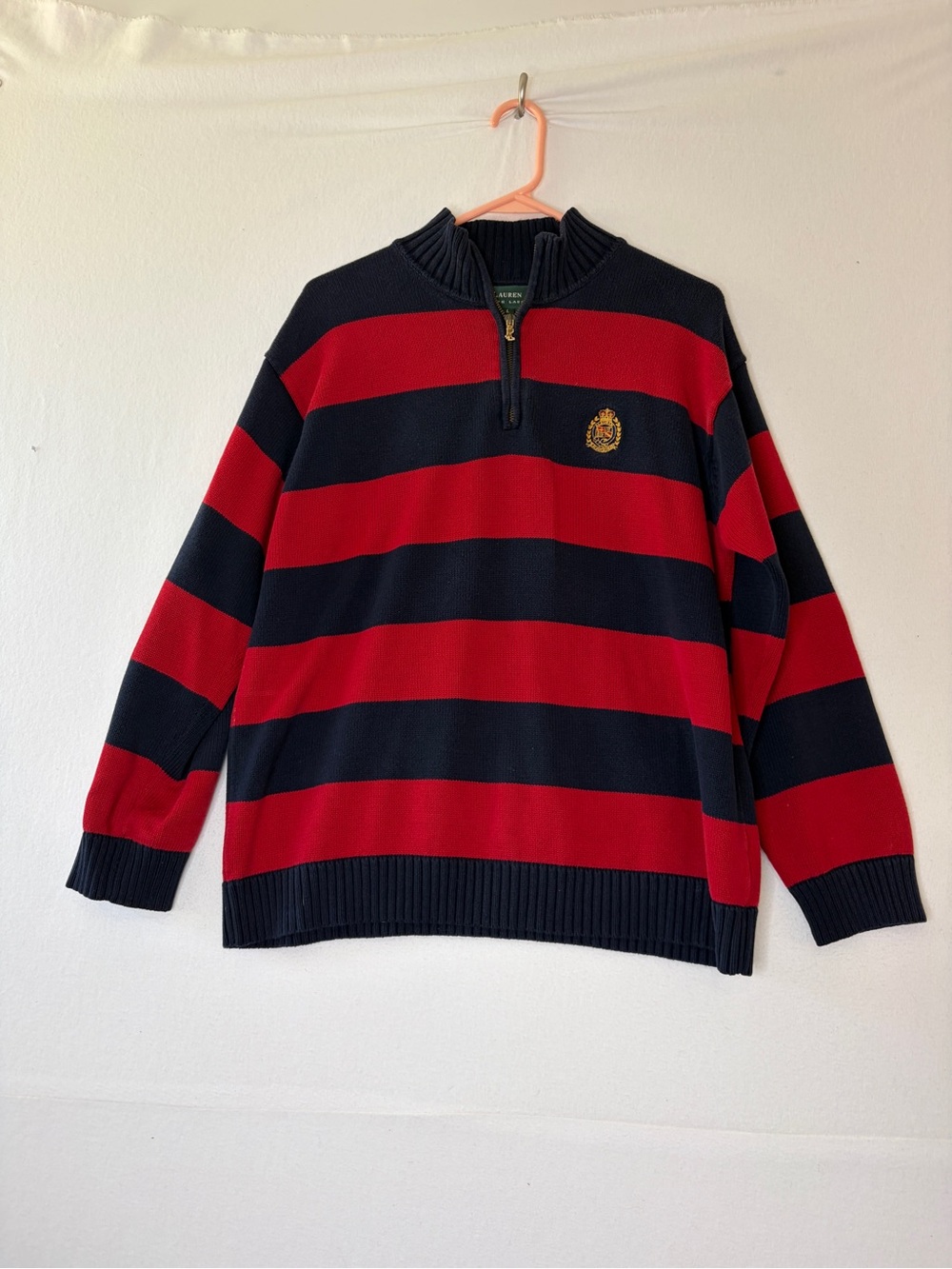 Lauren Ralph Lauren Striped Crest Quarter Zip Cotton Sweater Navy Red L
